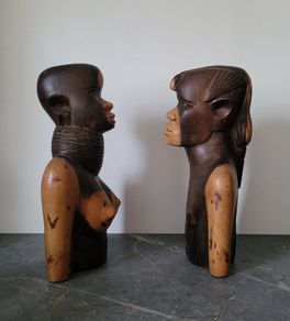 Vintage pair of carved african tribal ebony busts