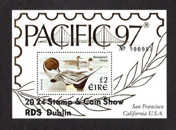 2024 Ireland Stamp & Coin Show Souvenir Sheet No 83 overprinting Pacific 1997 (pintail duck) Definitive Stamps Miniature Sheet Mint Never Hinged (MNH)