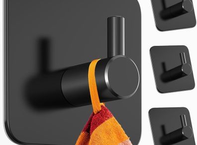 4 Pack Self Adhesive Hooks, Max 8kg Load Capacity, Adhesive Hooks, Tea Towel Hooks, Versatile Self Adhesive Wall Hooks for Use in Bathrooms, Kitchens, Doors Black