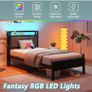 3ft Single Bed Frame with Storage Headboard,LED Lights,Metal Upholstered Platform Bed Frame with Charging Image 7