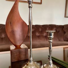 Pair of Slender 19th Century Style Silver Chrome Metal Candlesticks