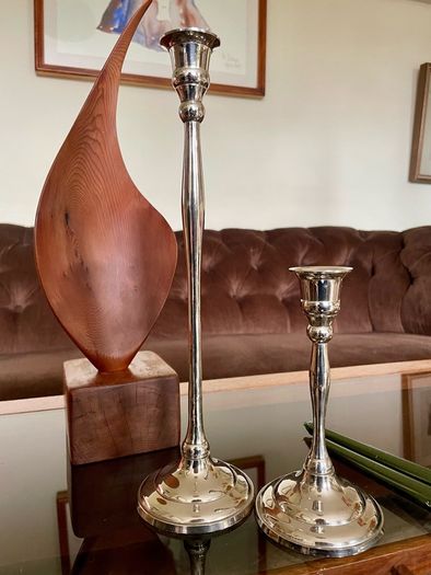 Pair of Slender 19th Century Style Silver Chrome Metal Candlesticks