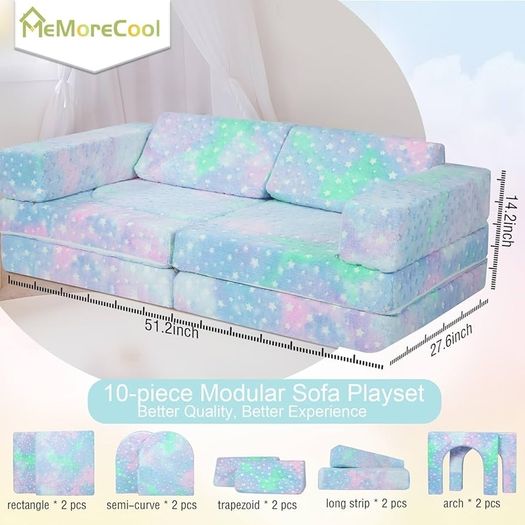 10-Piece Kids Play Sofa, Modular Toddler Chair Couch for Playroom, Fold Out Play Set for Girl Boy, Convertible Sectional Foam Playset, Colorful Star