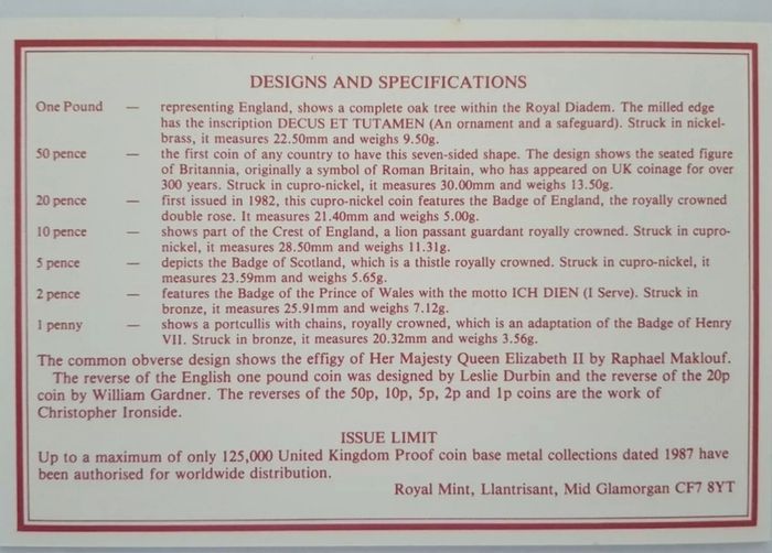 Royal Mint United Kingdom 1987 Proof Coin Collection Red Leather Case Coa