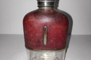 Antique glass hip flask leather bound with  silver plated screw top