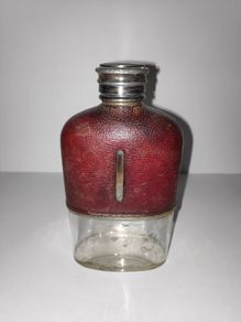 Antique glass hip flask leather bound with  silver plated screw top