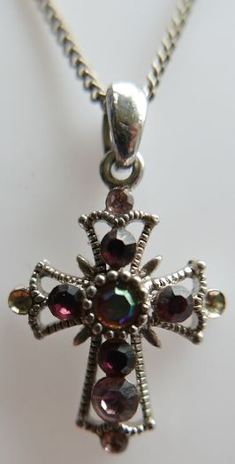 Vintage Silver Plated Cross With Multi-Color Stones Necklace length 20"
