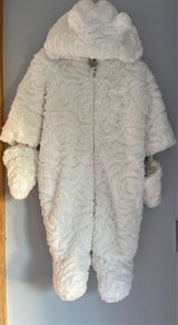 Little John Rocha white fur with flower pattern Pram suit Sz 3-6 mths EUC