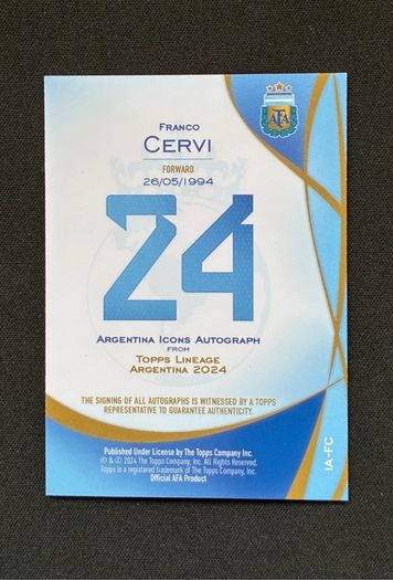 Franco Cervi Auto 2024 Topps Lineage Argentina Icons Autograph Argentina