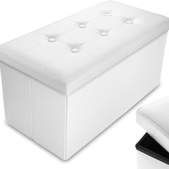 NEW SALE | 76 x 38 x 38 cm Faux Leather White Ottoman Foldable Storage Boxes Seat Foot Stool Storage Box with Lids for Kids Toys, Bedroom, Hallway, Living Room
