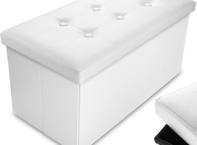 NEW SALE | 76 x 38 x 38 cm Faux Leather White Ottoman Foldable Storage Boxes Seat Foot Stool Storage Box with Lids for Kids Toys, Bedroom, Hallway, Living Room