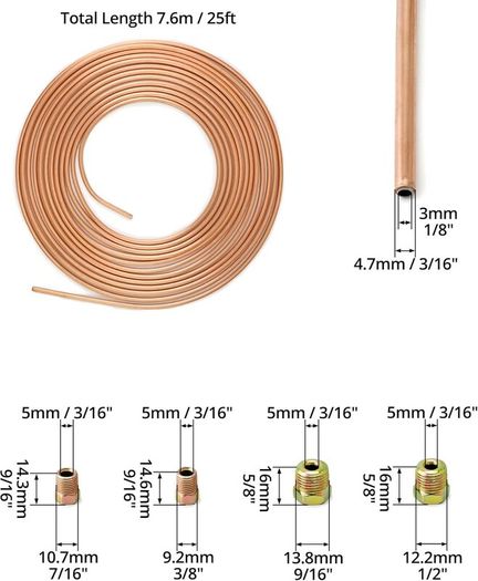 3/16" x 25ft/7.6m Copper Plated Brake Pipe, OD 4.76mm, ID 3.3mm with 16 Nuts