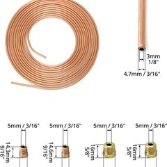 3/16" x 25ft/7.6m Copper Plated Brake Pipe, OD 4.76mm, ID 3.3mm with 16 Nuts