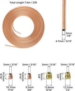 3/16" x 25ft/7.6m Copper Plated Brake Pipe, OD 4.76mm, ID 3.3mm with 16 Nuts