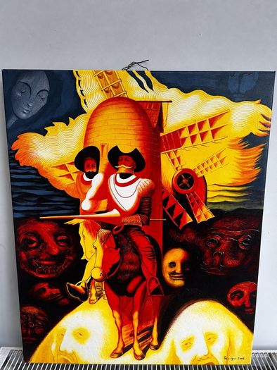 Signed Canvas Painting Striking Red and Gold Don Quixote Artwork 61.5 x 50cm