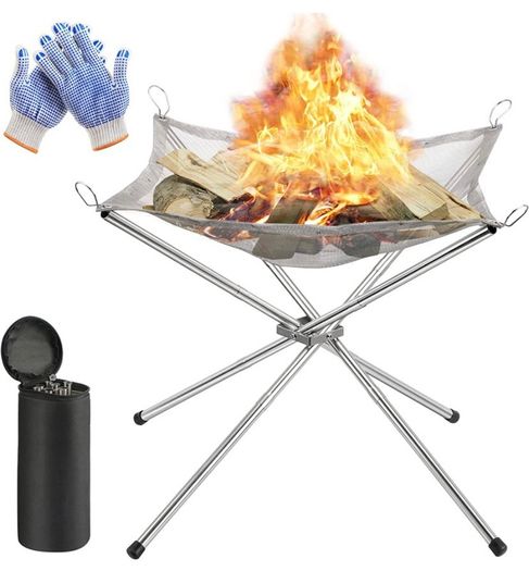 Portable Fire Pit for Camping, Outdoor Folding Firepit Fireplace with Heat Resistant Gloves & Carrying Bag, Stainless Steel Mesh BBQ Fire Bowl for Picnics, Bonfire, Patio, Backyard and Garden (FREE POSTAGE)