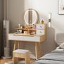 Dressing Table with Round Mirror and Lights, Small Vanity Desk with Stool Image 2