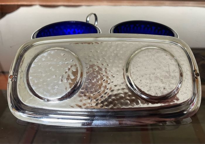 Vintage Silver Chromed Metal Cobalt Blue Glass Sugar and Creamer Set Serving Tray