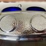 Vintage Silver Chromed Metal Cobalt Blue Glass Sugar and Creamer Set Serving Tray Image 10