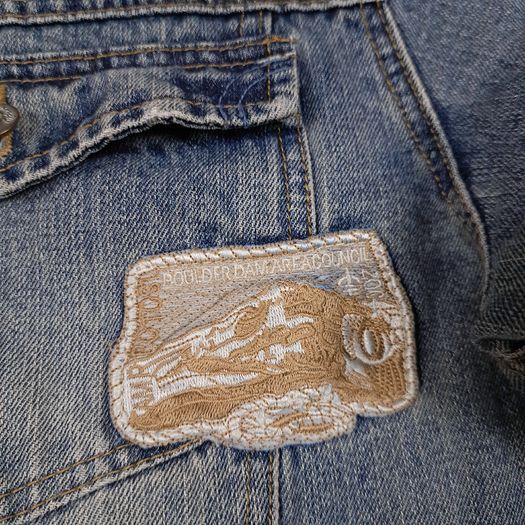 Superfly Patched Distressed Blue Denim Trucker Jacket Size L