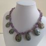 Stunning Hand-Beaded Short Necklace with Fabulous Graduated Ruby in Fuchsite Faceted Teardrop Beads and Amethyst Chips - Handmade by Christabel Image 2