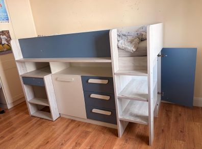 Child midsleeper bed with desk and storage