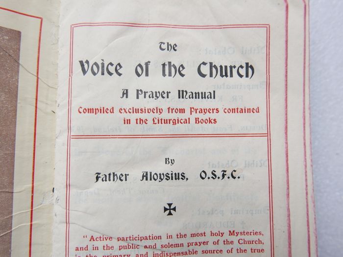 Vintage Catholic pocket prayer manual titled The Voice of the Church, compiled by Father Aloysius, O.S.F.C., and published in Dublin by M.H. Gill & Son, Ltd.