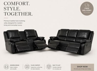 New 3+2 & 3+1+1 Black Leather Sofa Sets