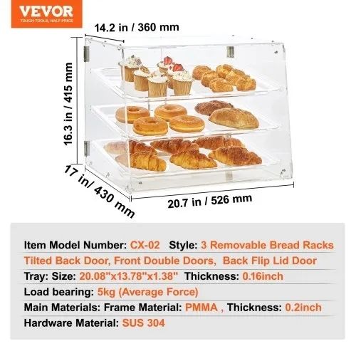 3-Tier Commercial Countertop Bakery Display Case, Acrylic Display Box with Rear Door Access & Removable Shelves, Keep Fresh for Donut Bagels Cake Cookie, 52.6 x 36.1 x 41.4 cm