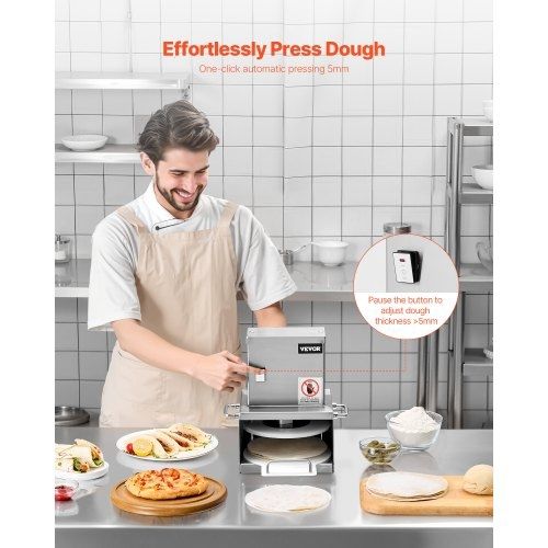 Electric Pizza Dough Press Machine, 6 inch Pizza Pastry Press Plate, Stainless Steel Bread Presser, Adjustable Thickness Commercial Forming Machine, with 100 Pcs Parchment Paper