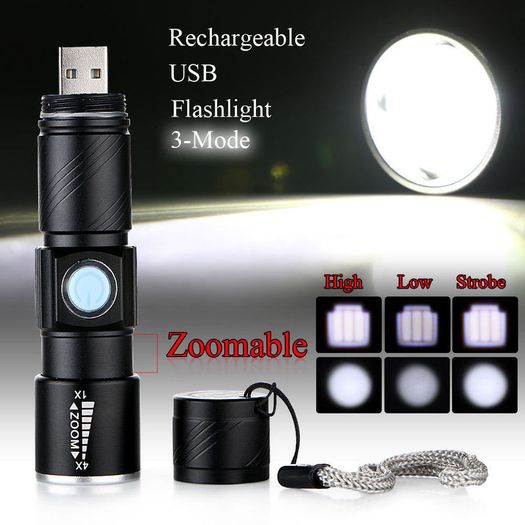 Mini Q5 LED 1000LM USB Rechargeable Zoom Flashlight Flash Torch Lamp Light Walking 3 Modes