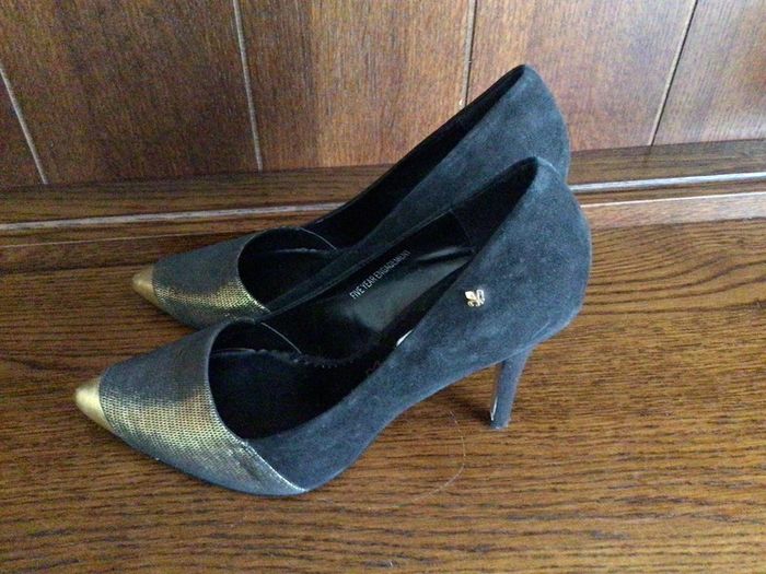 Bourbon Amy Humberman black suede and gold leather high heel court shoes size 5 eu 38