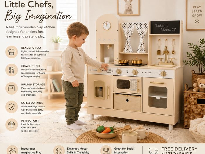 Wooden Kids Play Kitchen with Lights and Sounds Cream