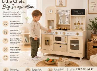 Wooden Kids Play Kitchen with Lights and Sounds Cream