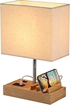 USB Bedside Table Lamp, HHome Plus Desk Lamp with 3 USB Charging Ports and Phone Charge Dock, Wood Charging Station and Organizer, Perfect Light for Bedroom, Guest Room, Living Room, Office