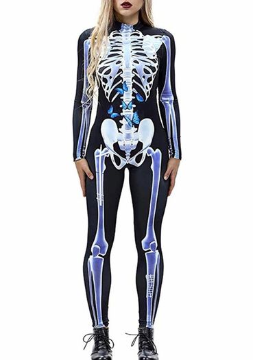 Women Halloween Costume 3D Print Long Sleeve Skinny Skeleton Catsuit Cosplay Jumpsuit (MULTIPLE STYLES)
