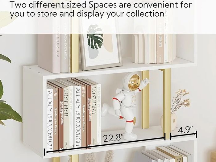 Geometric Bookcase, S Shaped Bookshelf 6-Tier Book Shelves for Bedroom, Modern Wood Decorative Display Shelf Tall Book Case for Home Office, Gold and White