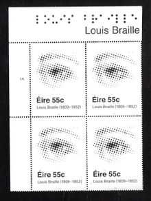 2009 Ireland The 100th Anniversary of the Birth of Louis Braille Commemorative Stamp Plate Block 1A Mint Never Hinged (MNH)