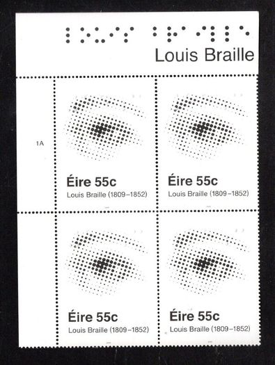 2009 Ireland The 100th Anniversary of the Birth of Louis Braille Commemorative Stamp Plate Block 1A Mint Never Hinged (MNH)