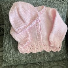 Hand knit cardigan and hat 0 to 3 mths