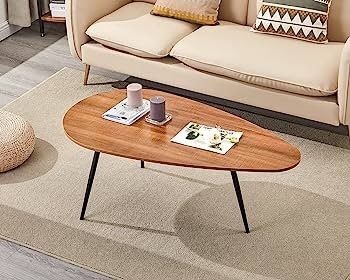 Coffee Table Living Room Mid Century Drop Shape Accent Oval Table Contemporary Style Leisure Tea Table Cocktail Table, 42.5Inch, Walnut Oak