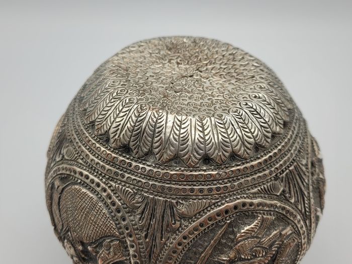 Antique Asian / Oriental White Metal Jar / Vase 19th Century Hand Decorated