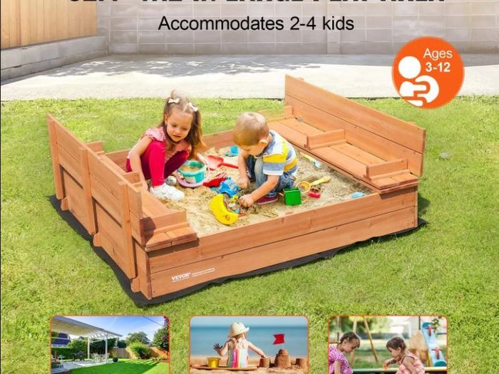 Wooden Kids Sandbox with Foldable Bench Seats & Bottom Liner, Natural Wood Outdoor Sand Pit for Backyard, Garden & Play Area, 52.4 x 47.2 x 16.9 Inches