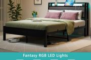 Double Bed Frame, 4FT6 Bed Frame Ergonomics Double with Charging Station and LED Lights