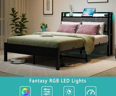 Double Bed Frame, 4FT6 Bed Frame Ergonomics Double with Charging Station and LED Lights