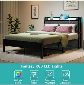Double Bed Frame, 4FT6 Bed Frame Ergonomics Double with Charging Station and LED Lights