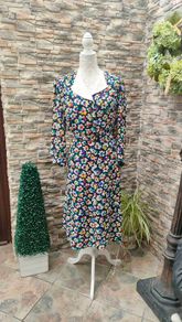 Vintage black floral A-line dress with detachable collar and belt size M or L