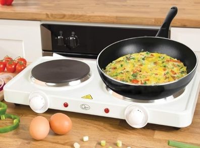 Electric Twin Hob Hot Plate with Temperature Control/Set of 1000W & 1500W Hobs / 5 Temperature Settings/Portable, Ideal for Cooking While Travelling, White
