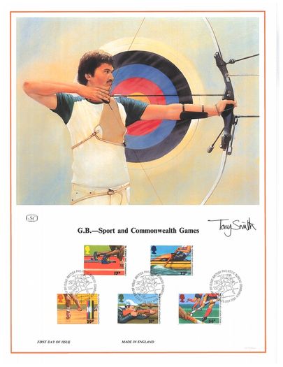 1986 Great Britain Limited Edition Lithographed Print measuring 333mm X 257mm showing Commonwealth Games Commemorative stamps with First Day of Issue Cancel