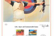 1986 Great Britain Limited Edition Lithographed Print measuring 333mm X 257mm showing Commonwealth Games Commemorative stamps with First Day of Issue Cancel